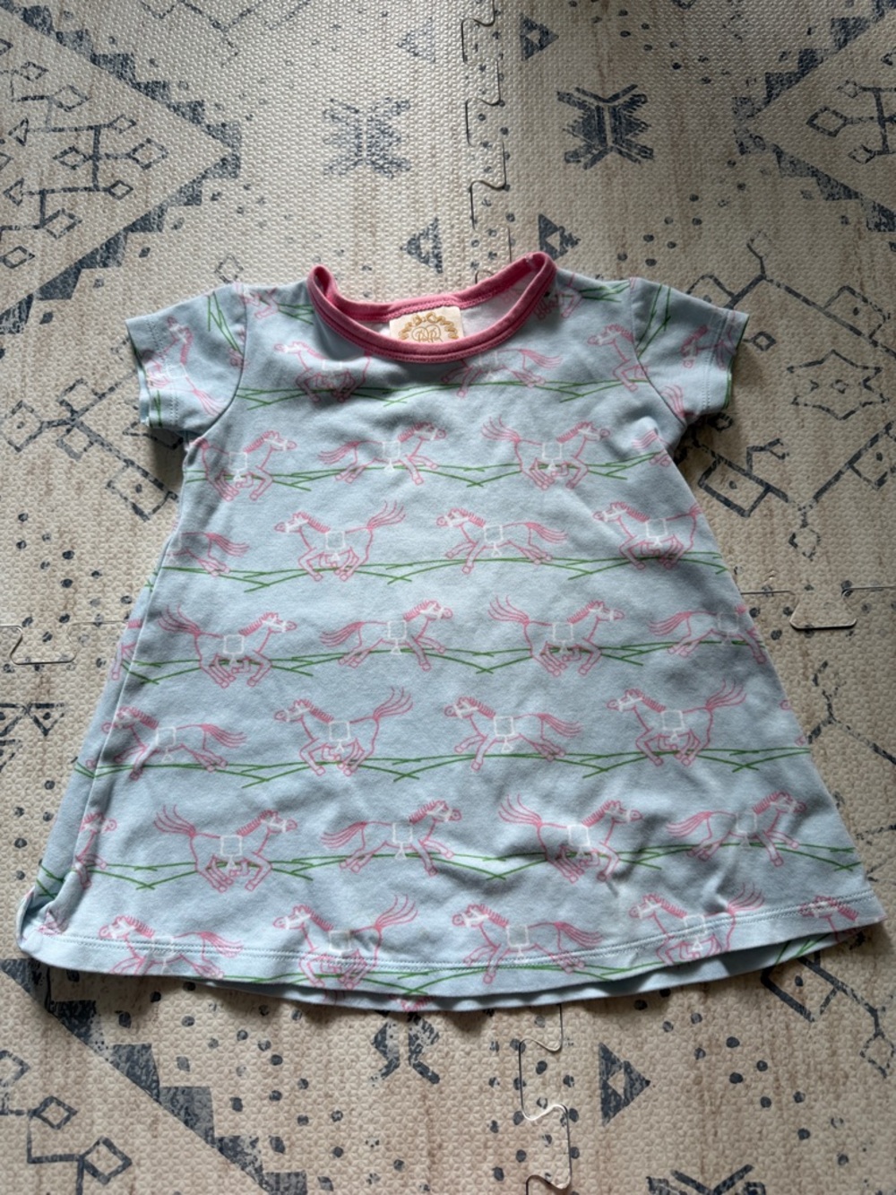 Girls Light Blue Horse Print Short Sleeve Dress